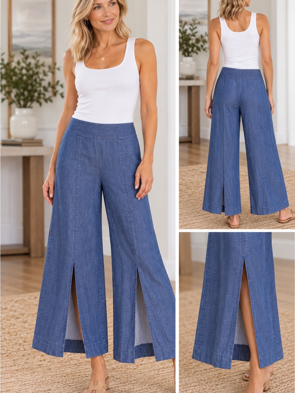 Trina Turk Wide-Leg Flowy Lyocell Pants in Jean Blue